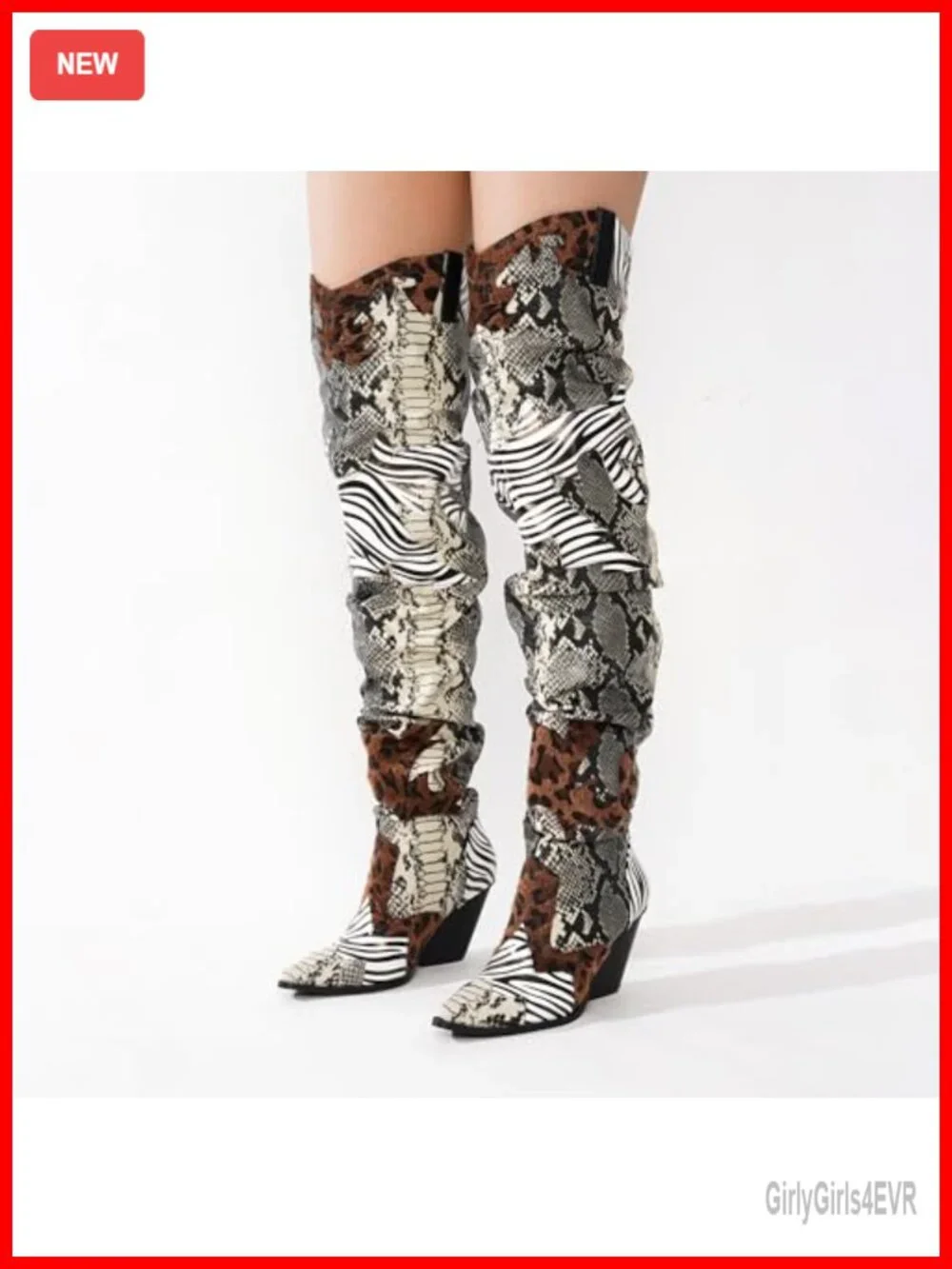 Thigh High Cowboy Boots with Chunky Heel - Faux Snakeskin Western Booties for